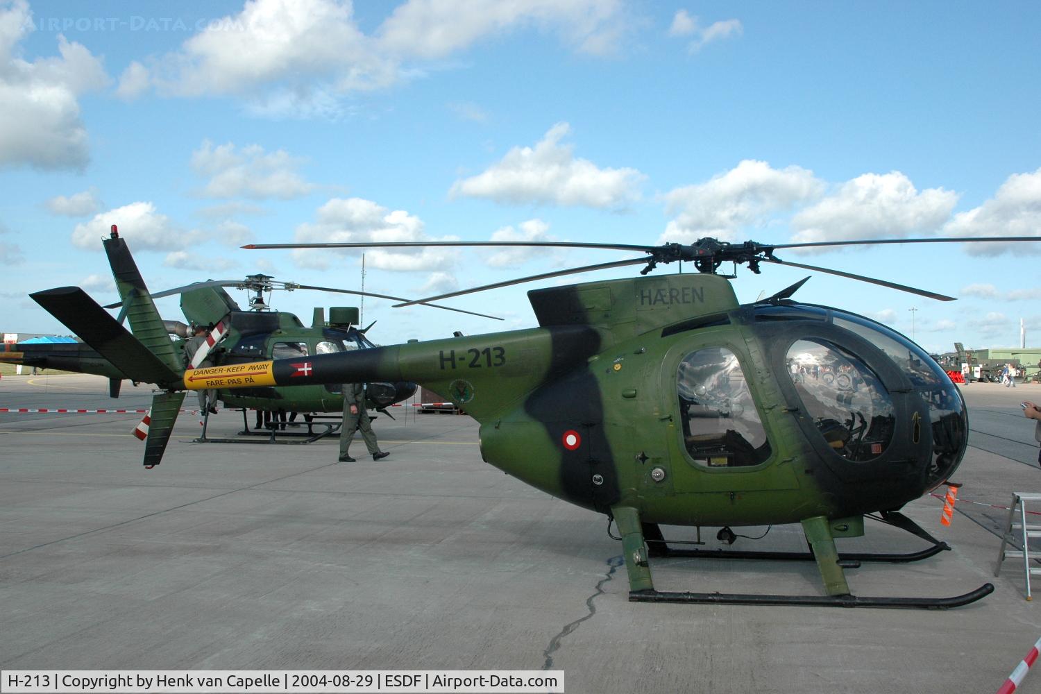 H-213, Hughes 500M C/N 71-0213M, Hughes OH-6A Cayuse (or 500M) of the Danish Army Flying Service at Ronneby Air Base, Sweden.