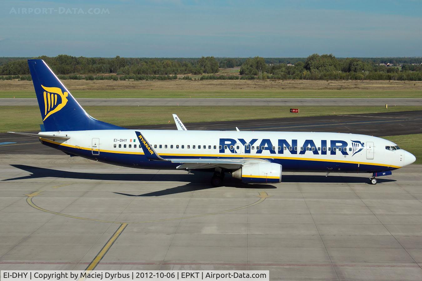 EI-DHY, 2005 Boeing 737-8AS C/N 33824, EI-DHY just before departure to STN as RYR2XF, currently Ryanair operates a daily service between KTW and STN with Wizzair offering a twice daily connection from KTW to LTN.