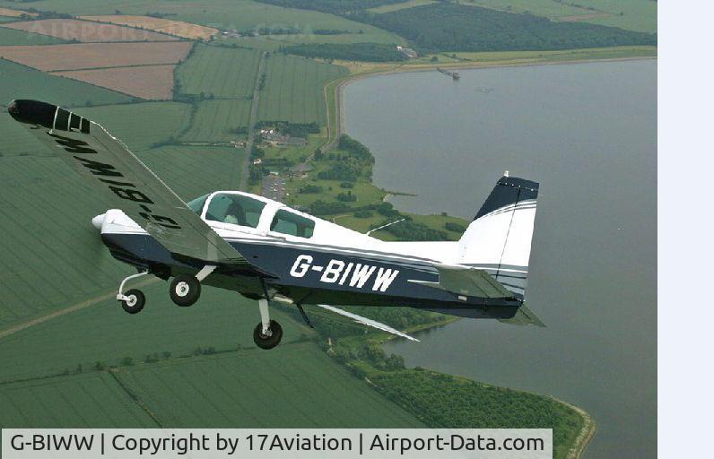 G-BIWW, 1972 American Aviation AA-5 Traveler C/N AA5-0263, Flying over the English Fens