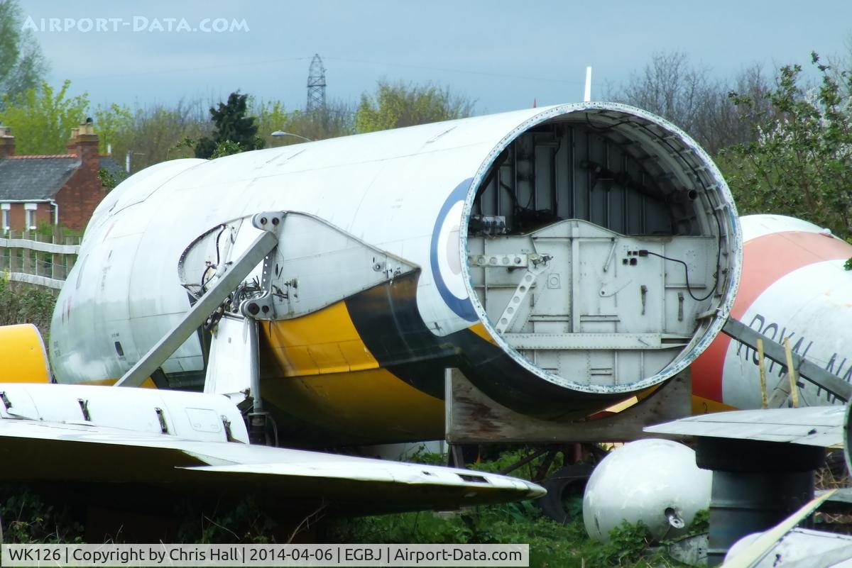 WK126, 1964 English Electric Canberra TT.18 C/N R3/EA3/6640, in the storage area at the Jet Age Museum, Staverton