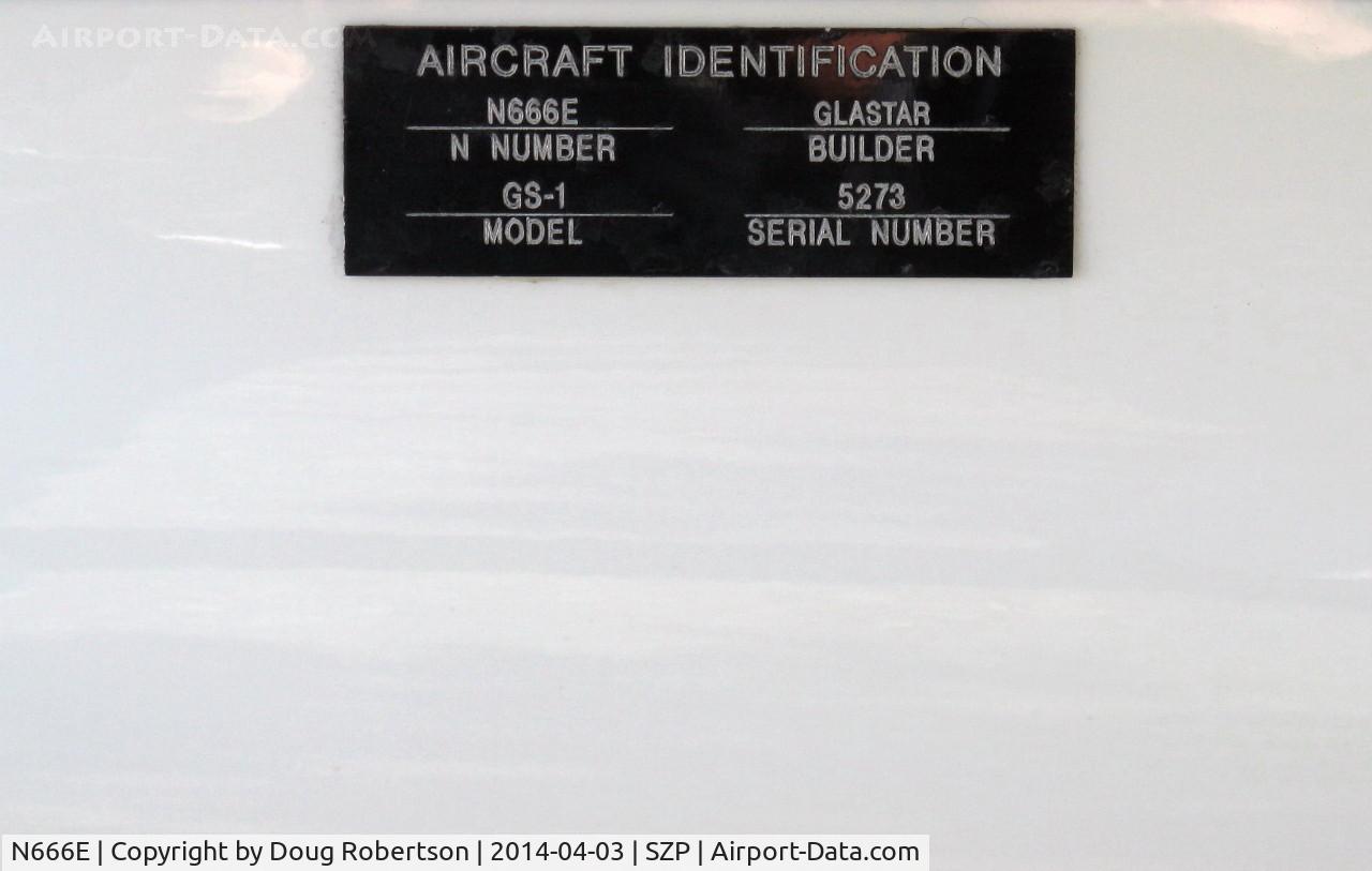 N666E, 1997 Stoddard-Hamilton GlaStar GS-1 C/N 5273, 1997 Powers GlaStar GS-1, Lycoming O-320, builder data plate
