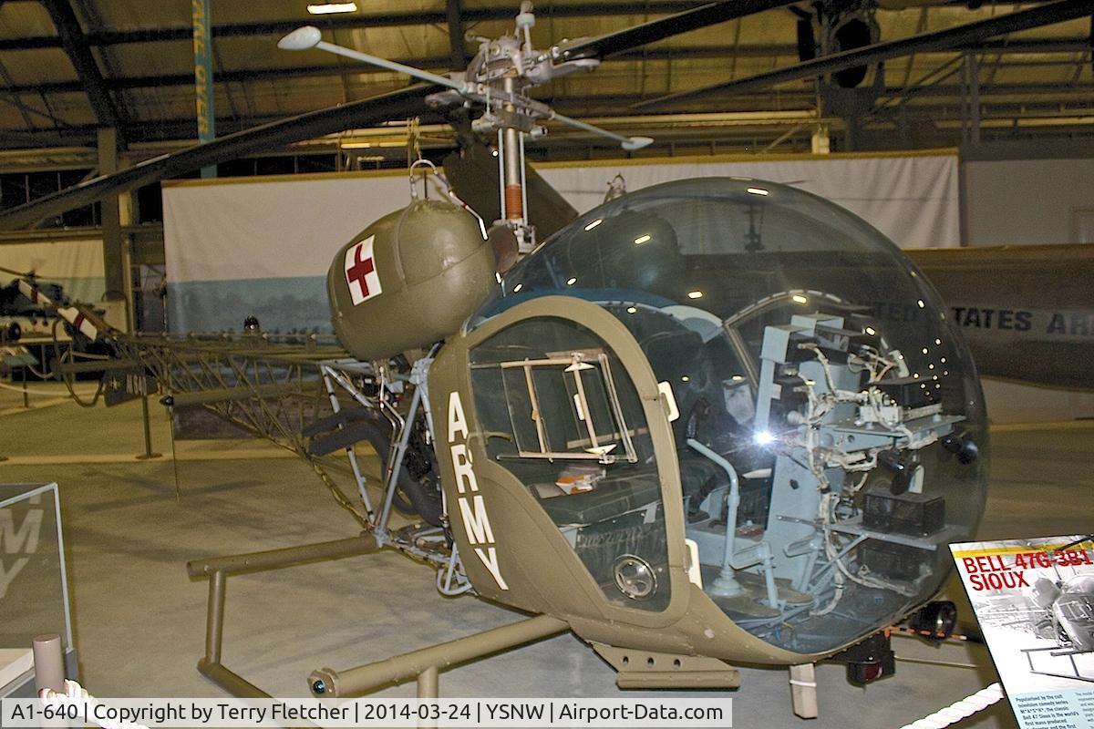 A1-640, Bell 47G-3B-1 Sioux C/N 6640, Displayed at the  Australian Fleet Air Arm Museum,  a military aerospace museum located at the naval air station HMAS Albatross, near Nowra, New South Wales