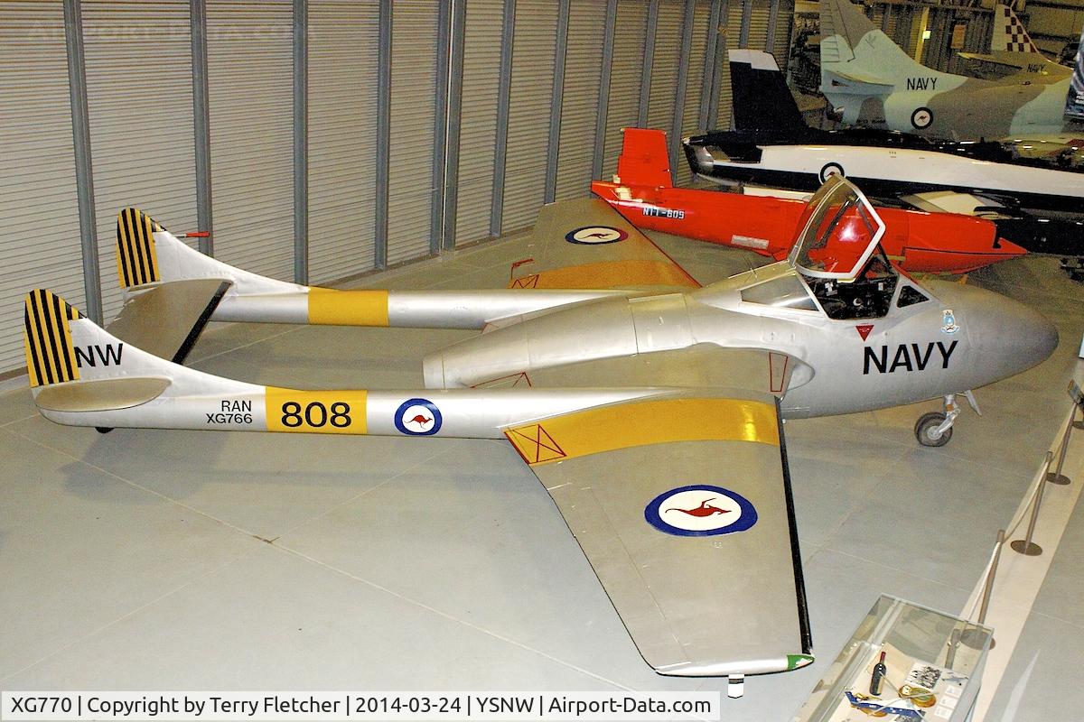 XG770, 1954 De Havilland DH-115 Sea Vampire T.22 C/N 15645, Painted as XG776 and displayed at the Australian Fleet Air Arm Museum,  a military aerospace museum located at the naval air station HMAS Albatross, near Nowra, New South Wales