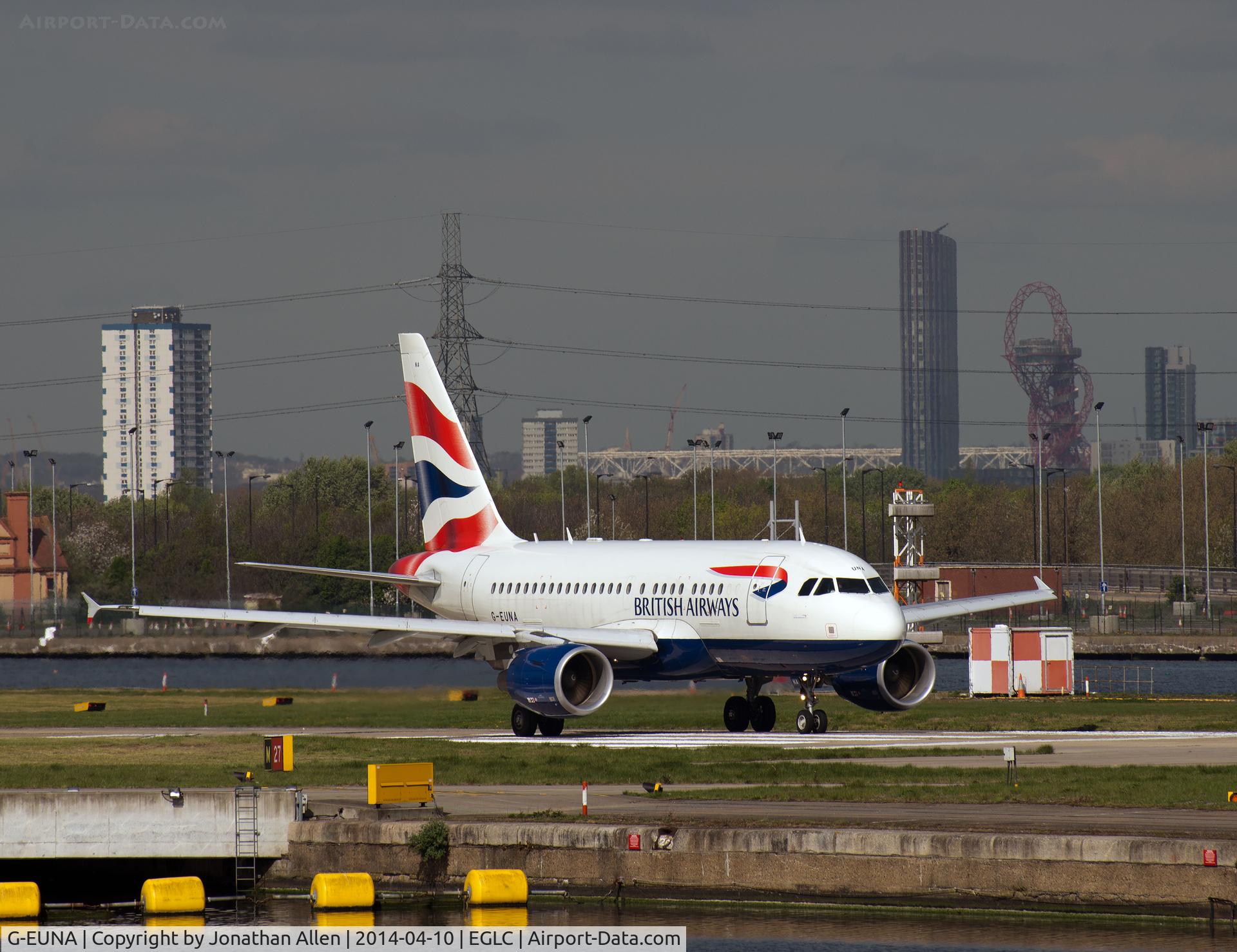 G-EUNA, 2009 Airbus A318-112 C/N 4007, Preparing to depart from London City airport.