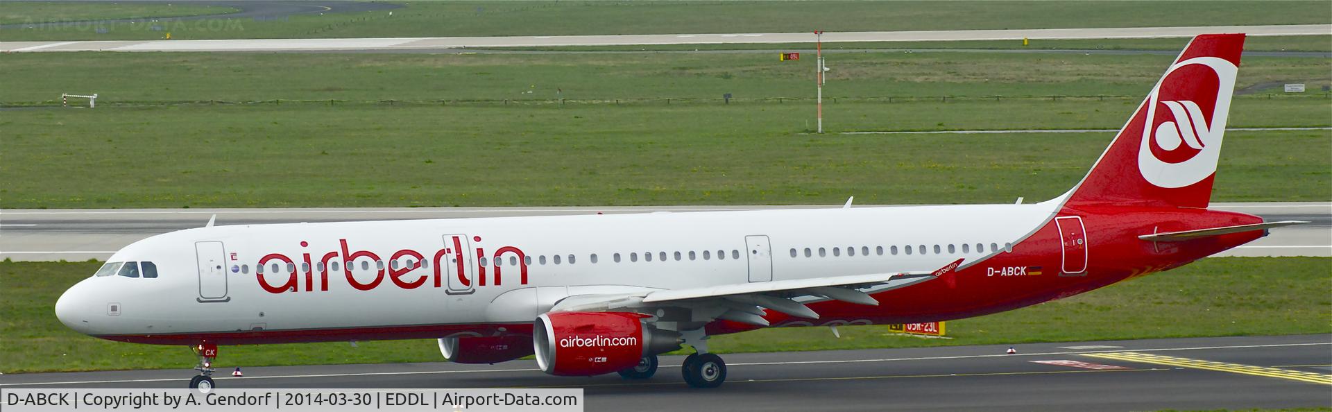 D-ABCK, 2011 Airbus A321-211 C/N 5133, Air Berlin, is here on the way to the gate at Düsseldorf Int'l(EDDL)