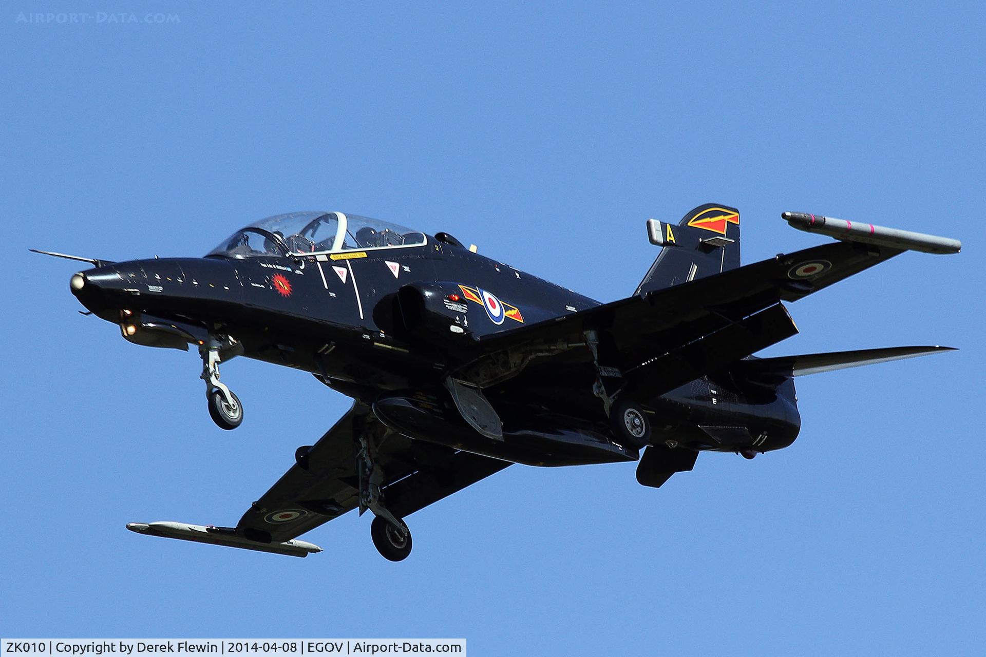 ZK010, 2005 British Aerospace Hawk T2 C/N RT001/1239, Hawk T.2 Coded A, of 4(R) Squadron on short finals for runway 31 at EGOV.
