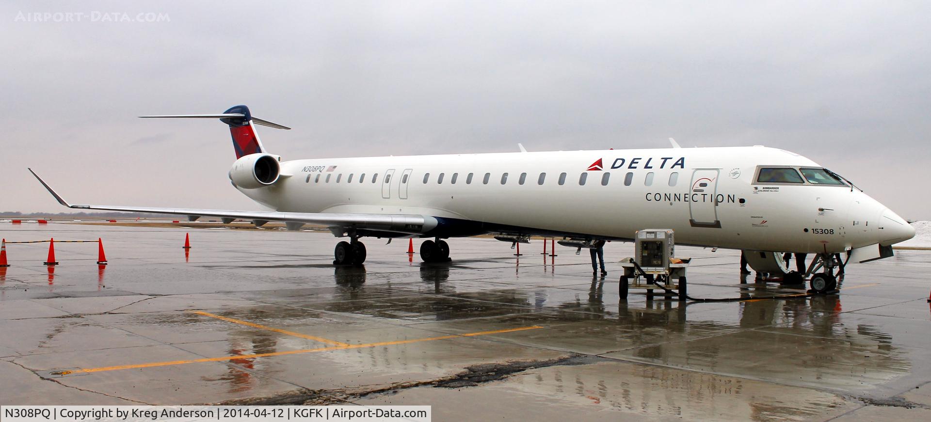 N308PQ, 2014 Bombardier CRJ-900LR (CL-600-2D24) C/N 15308, Bombarder CRJ-900ER operated by Endeavor Air dba Delta Connection on display at UND Aerospace at the University of North Dakota.