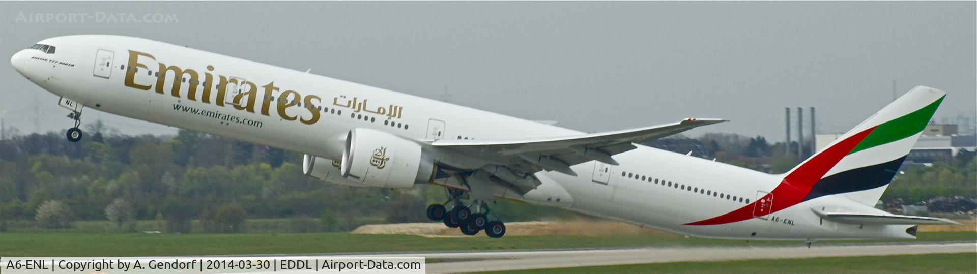A6-ENL, 2013 Boeing 777-31H/ER C/N 41370, Emirates, is here while rotating off RWY 23L at Düsseldorf Int'l(EDDL), destination Dubai Int'l(OMDB)
