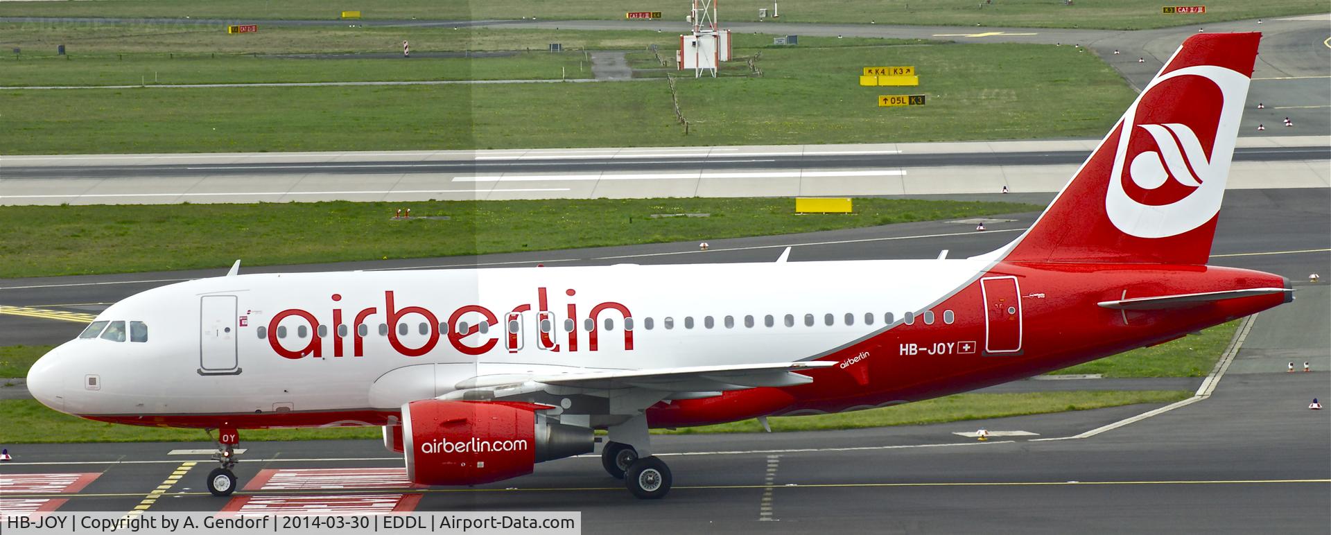 HB-JOY, 2007 Airbus A319-111 C/N 3245, Belair (Air Berlin cs.), is here on the way to the gate at Düsseldorf Int'l(EDDL)
