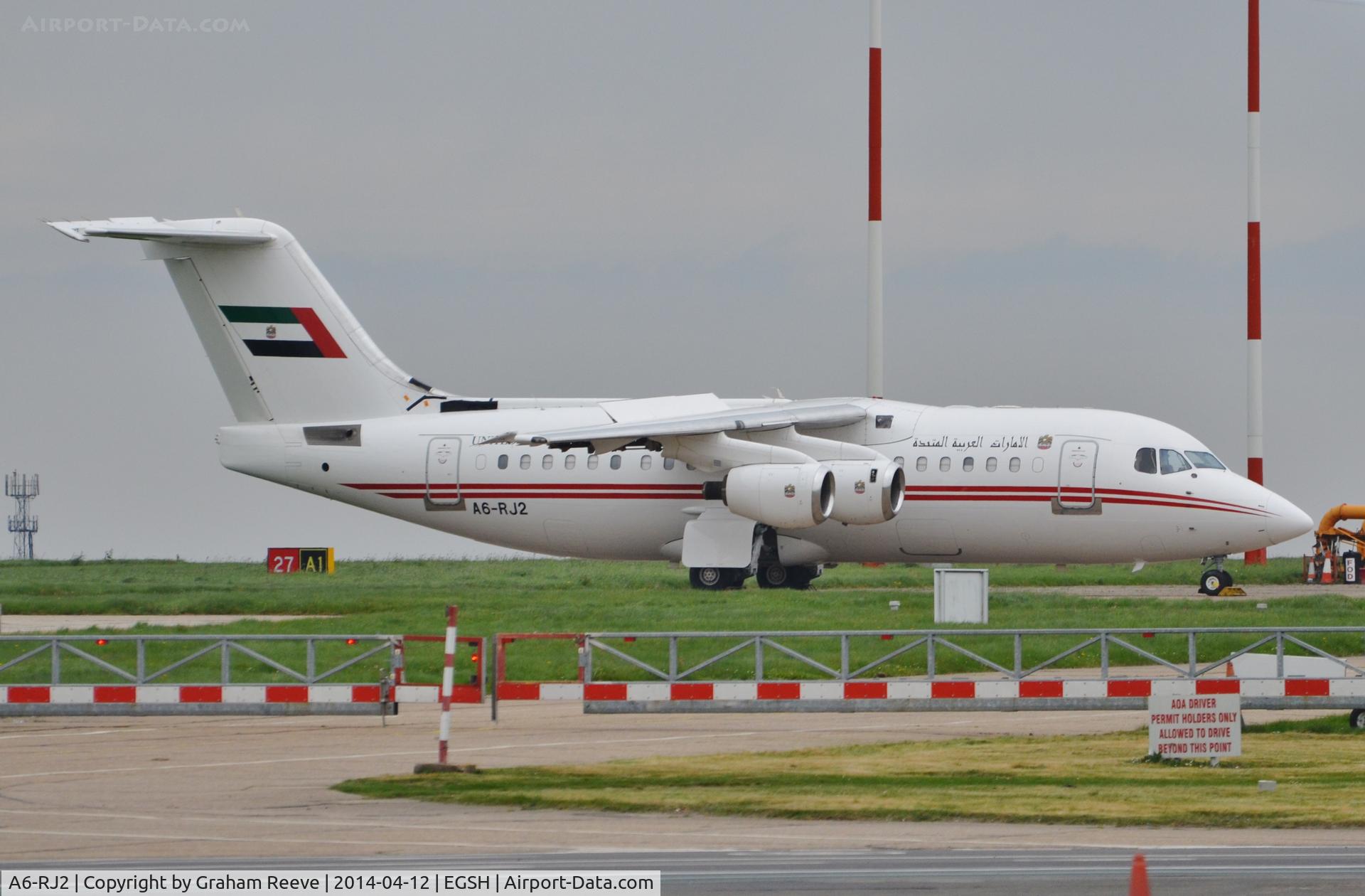 A6-RJ2, 1998 British Aerospace Avro 146-RJ85A C/N E2325, Parked at Norwich.