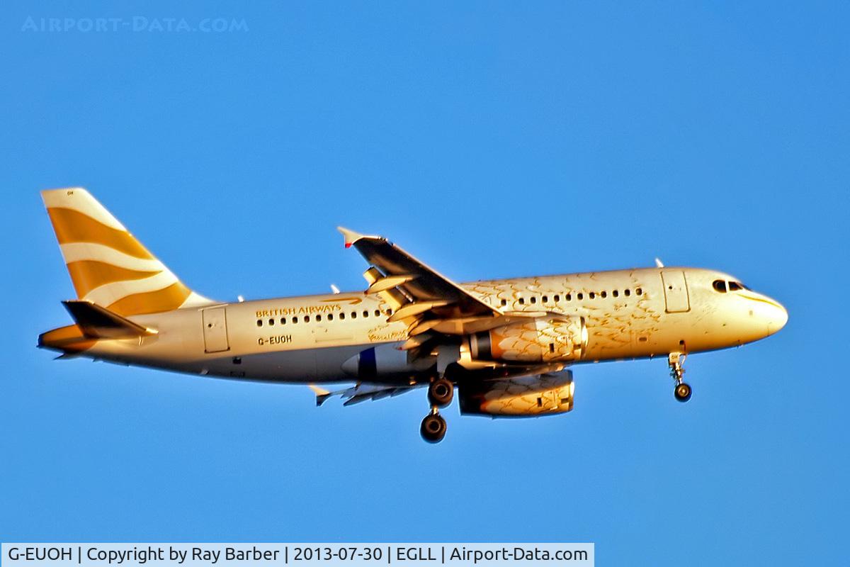 G-EUOH, 2001 Airbus A319-131 C/N 1604, Airbus A319-131 [1604] (British Airways) Home~G 30/07/2013. On approach 27L. Late afternoon sun giving a completely different colouring.