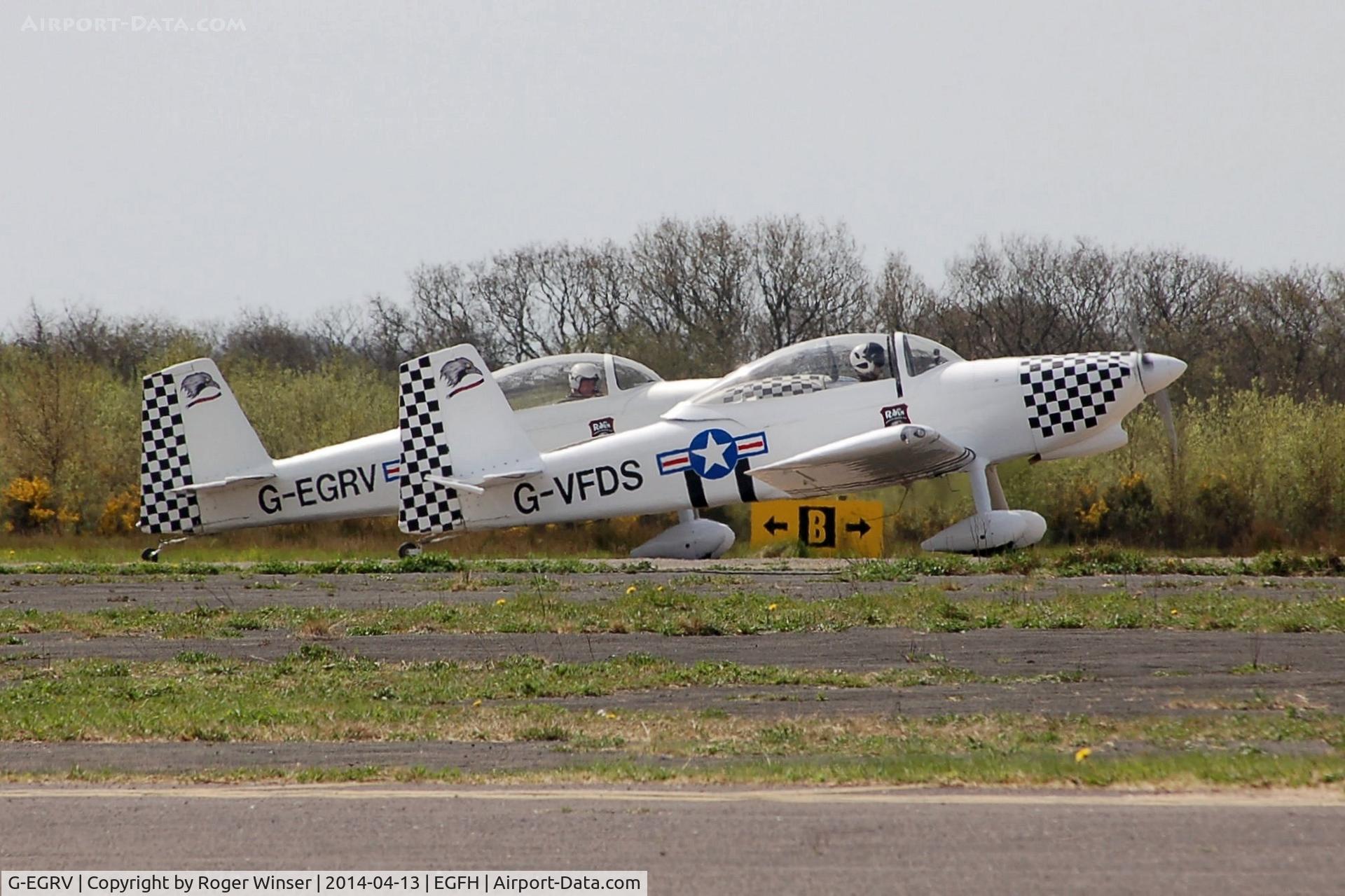 G-EGRV, 2007 Vans RV-8 C/N PFA 303-13639, Resident RV-8's of Team Raven. G-EGRV (Raven 3) is about to depart with G-VFDS (Raven 2).