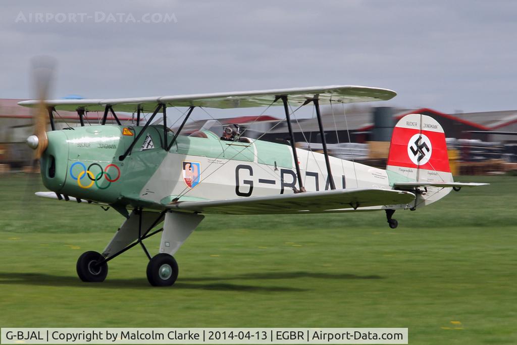 G-BJAL, 1957 Bucker 1-131E Jungmann C/N 1028, CASA 1-131E Jungmann at The Real Aeroplane Club's Early Bird Fly-In, Breighton Airfield, April 2014.