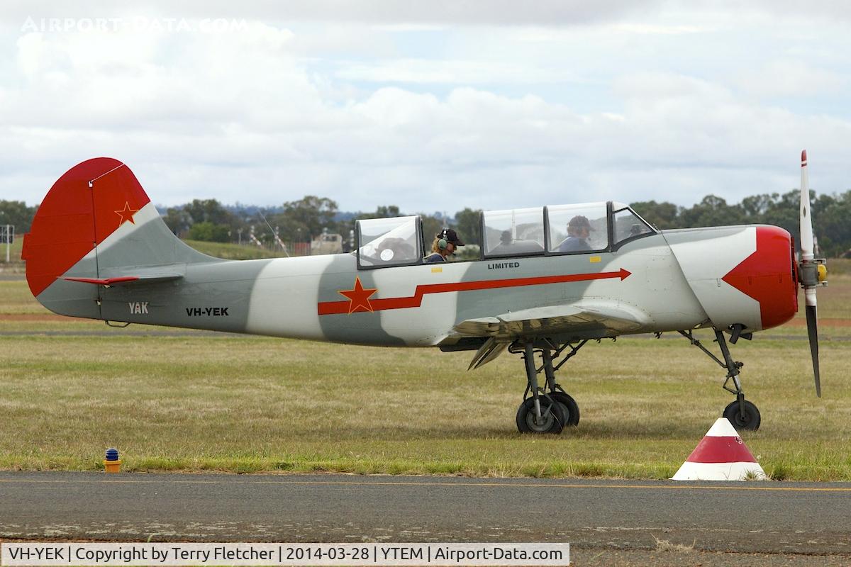 VH-YEK, 1985 Yakovlev Yak-52 C/N 855807, At Temora Airport during the 40th Anniversary Fly-In of the Australian Antique Aircraft Association