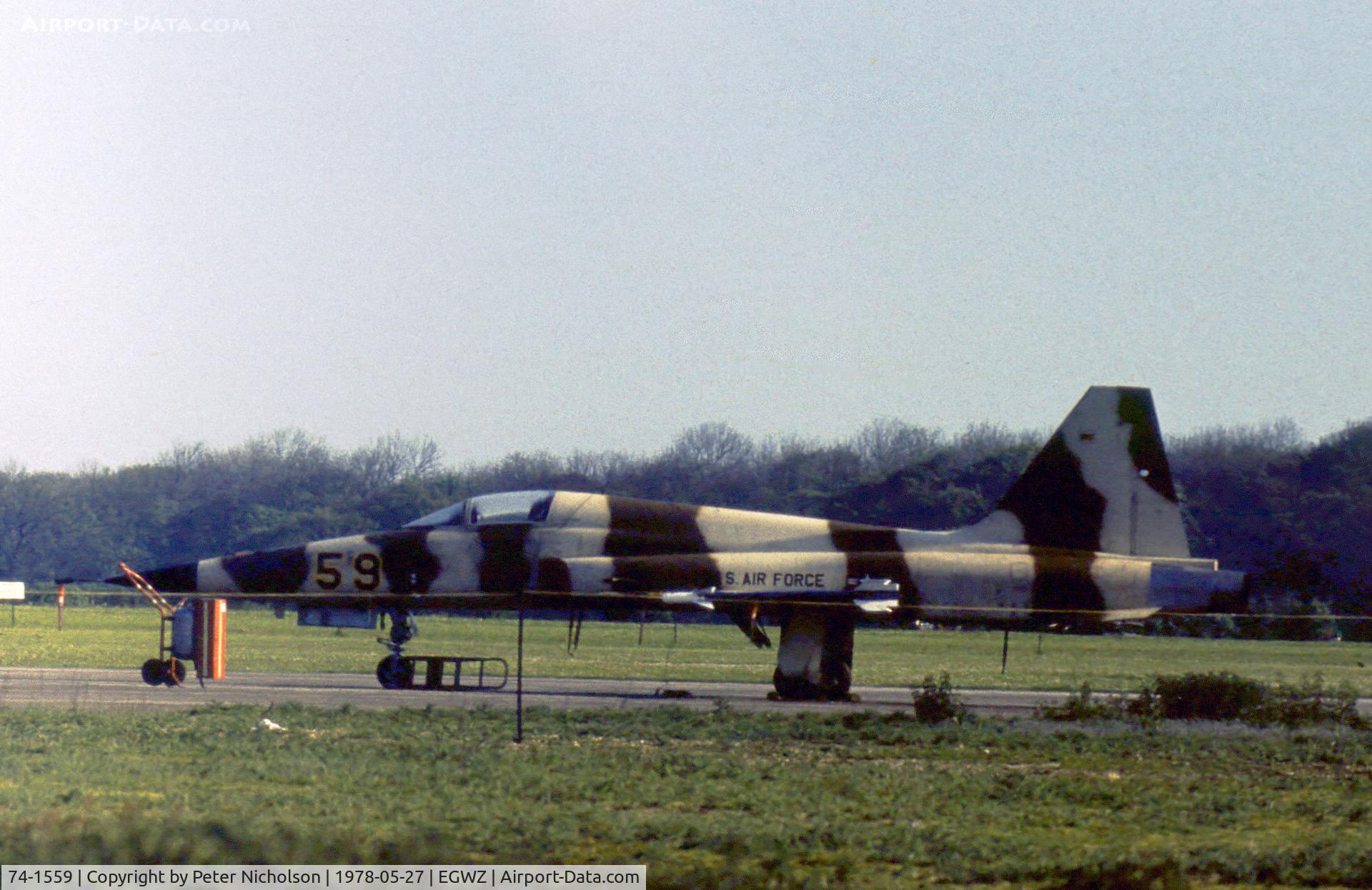 74-1559, 1974 Northrop F-5E Tiger II C/N R.1230, F-5E Tiger II of the 527th Tactical Fighter Training Aggressor Squadron based at RAF Alconbury as seen in May 1978.