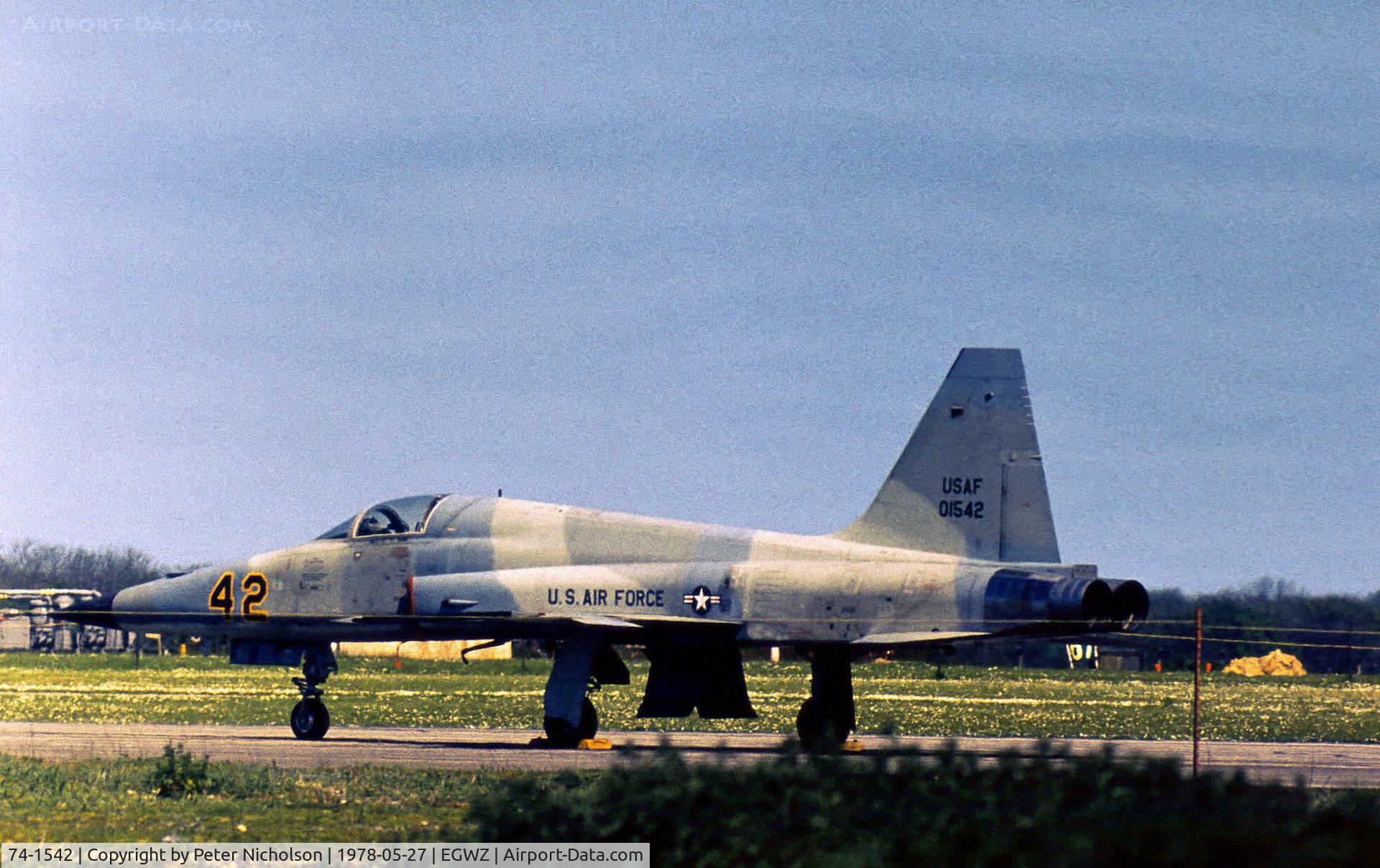 74-1542, 1974 Northrop F-5E Tiger II C/N R.1200, F-5E Tiger II of the 527th Tactical Fighter Training Aggressor Squadron at RAF Alconbury as seen in May 1878.