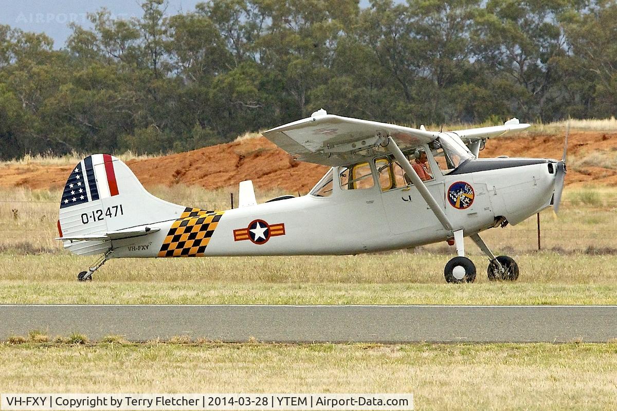 VH-FXY, 1953 Cessna O-1G Bird Dog C/N 22913, At Temora Airport during the 40th Anniversary Fly-In of the Australian Antique Aircraft Association
ex USAF 51-12471