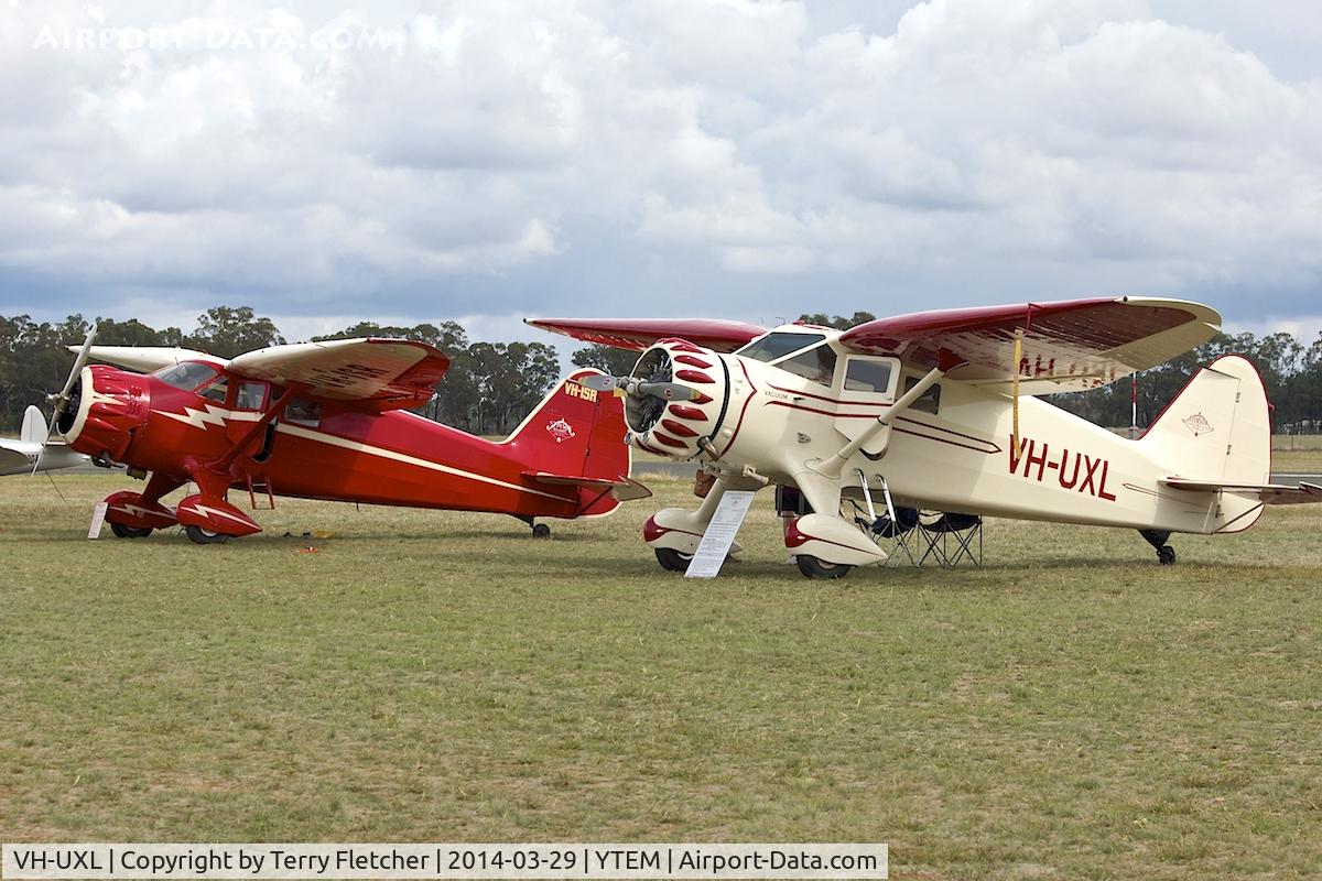 VH-UXL, 1936 Stinson SR-8C Reliant C/N 9766, At Temora Airport during the 40th Anniversary Fly-In of the Australian Antique Aircraft Association - the only 2 airworthy Stinson Reliants in Australia - Side by side