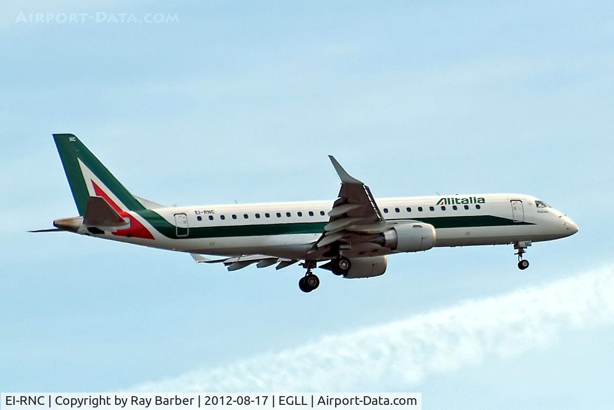 EI-RNC, 2011 Embraer 190LR (ERJ-190-100LR) C/N 19000503, Embraer Emb-190-100IGW [19000503] (Alitalia Cityliner) Home~G 17/08/2012. On approach 27L.
