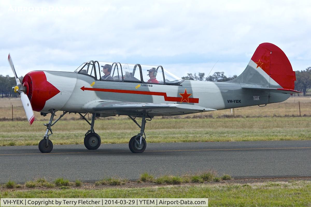 VH-YEK, 1985 Yakovlev Yak-52 C/N 855807, At Temora Airport during the 40th Anniversary Fly-In of the Australian Antique Aircraft Association