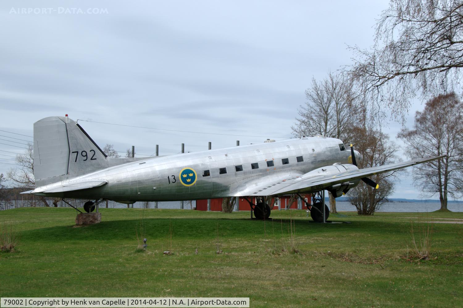 79002, 1943 Douglas C-47A-DL Skytrain C/N 9103, Douglas Tp79 of the Swedish Air Force. It is located near the old parachutist school at the Karlsborg fortress at lake Vättern (in background) and maintained by the Fallskärmsjägarklubben.