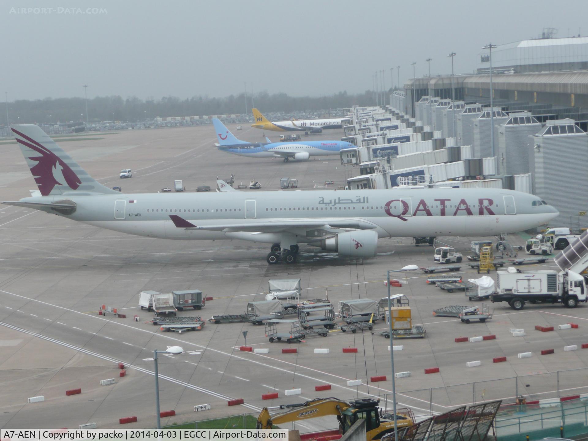 A7-AEN, 2008 Airbus A330-302 C/N 907, now parked up on its stand/gate over on T2

photo taken from the top floor of the carpark

in the back ground also on T2 TOM/MON aircraft.
