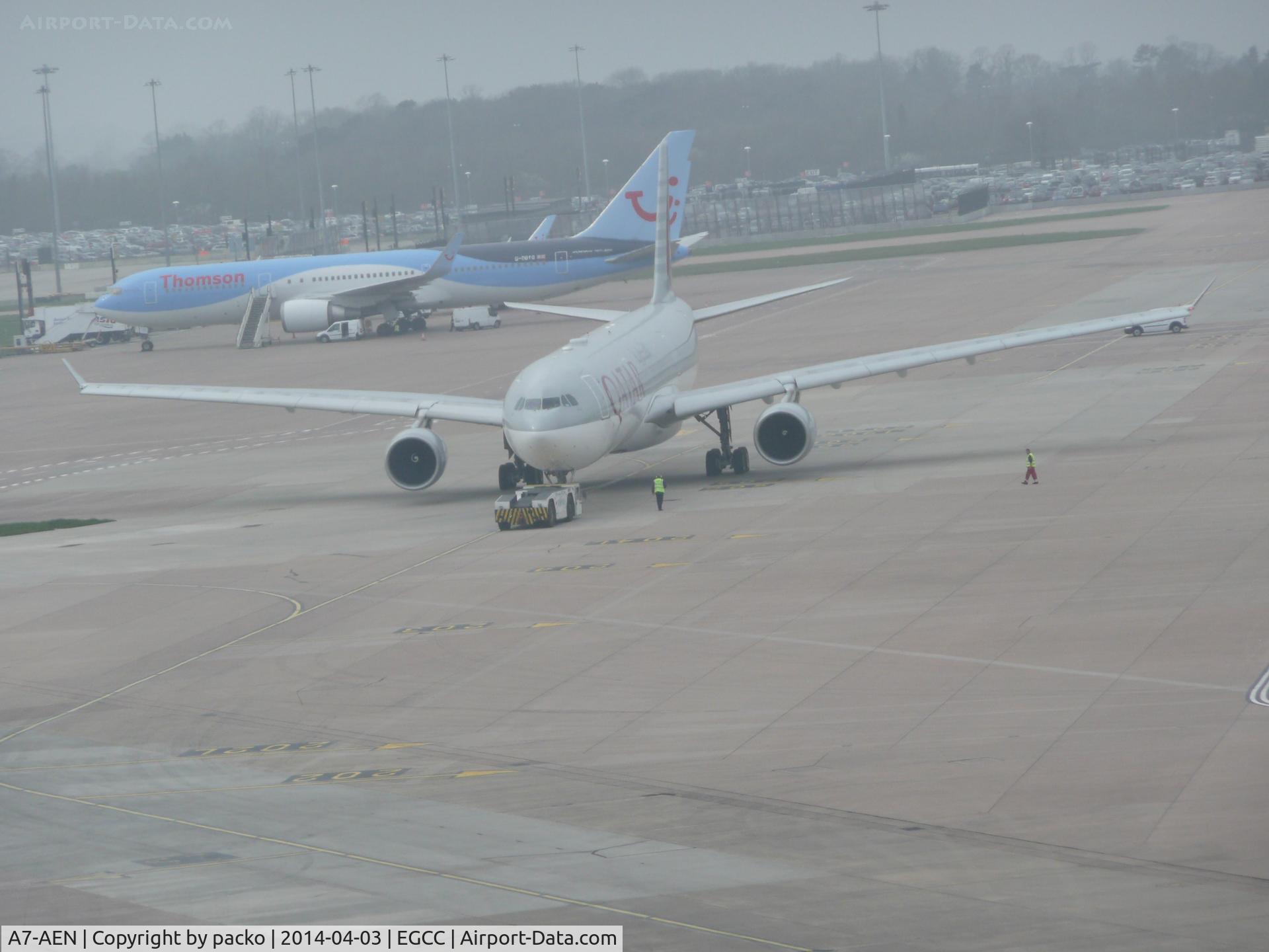A7-AEN, 2008 Airbus A330-302 C/N 907, aircraft has been pushed back by its tug from T2

photo taken from the top floor of the carkpark