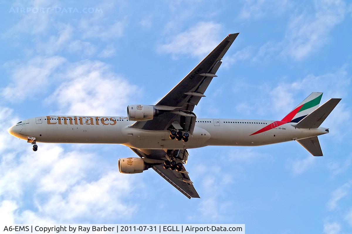 A6-EMS, 2002 Boeing 777-31H C/N 29067, Boeing 777-31H [29067] (Emirates Airlines) Home~G 31/07/2011. On approach 27R.
