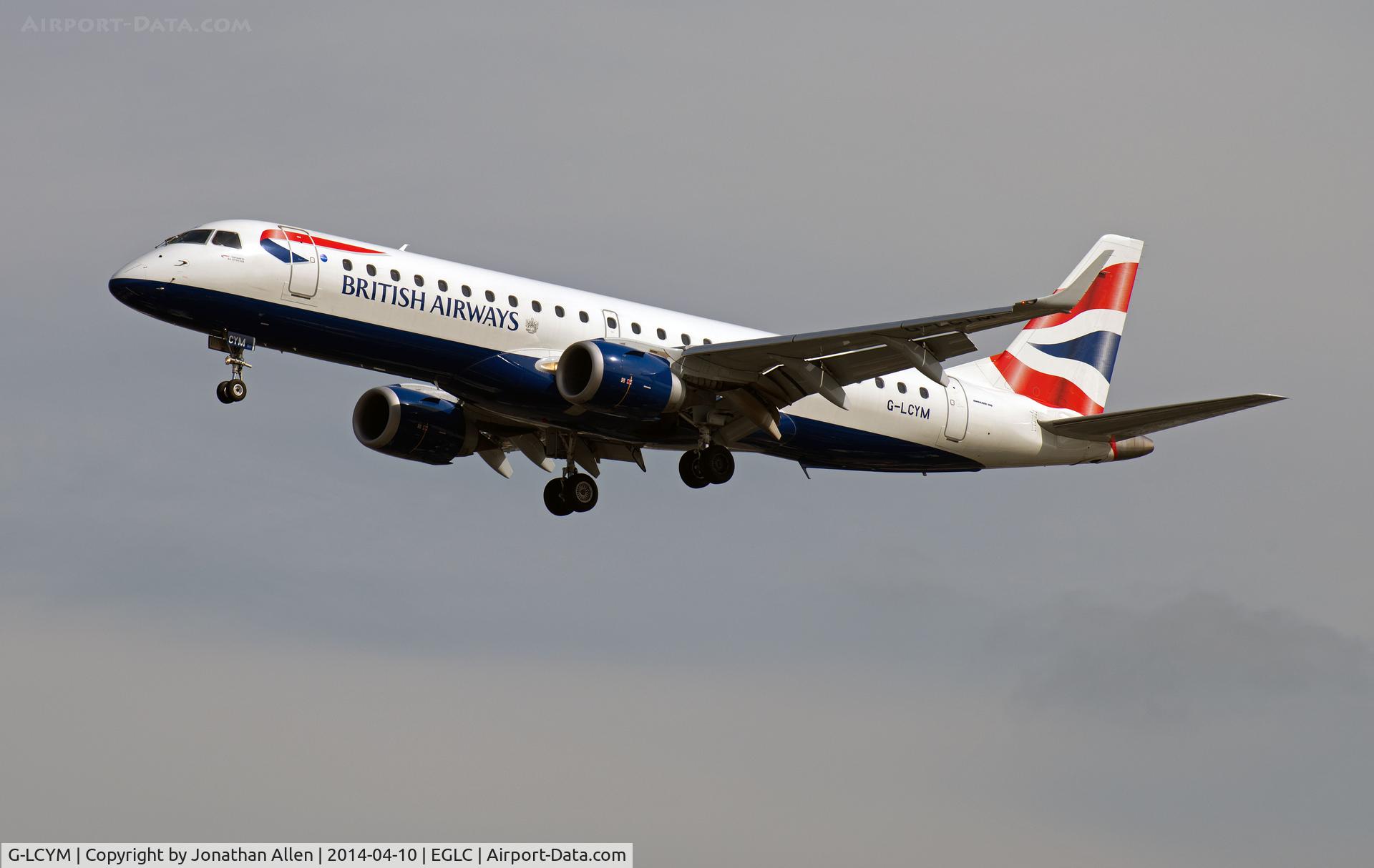 G-LCYM, 2010 Embraer 190SR (ERJ-190-100SR) C/N 19000351, About to land at London City.
