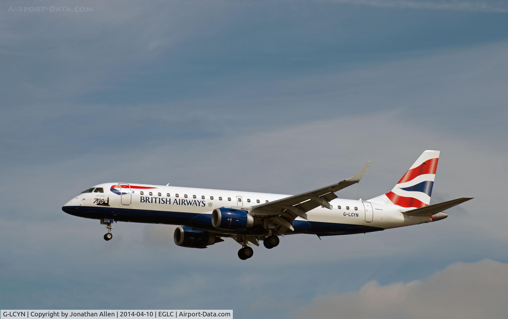 G-LCYN, 2010 Embraer 190SR (ERJ-190-100SR) C/N 19000392, About to land at London City.