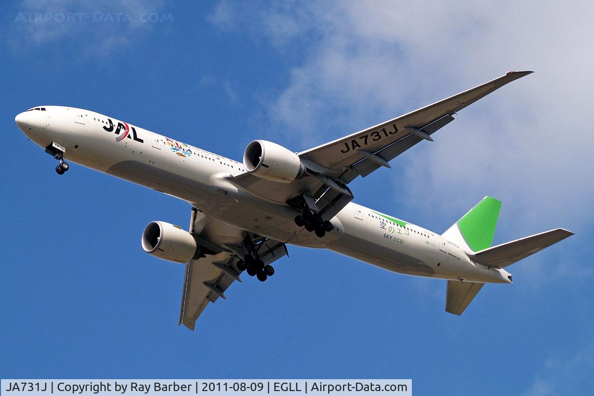 JA731J, 2003 Boeing 777-346/ER C/N 32431, Boeing 777-346ER [32431] (Japan Airlines) Heathrow~G 09/08/2011. On approach 27R.