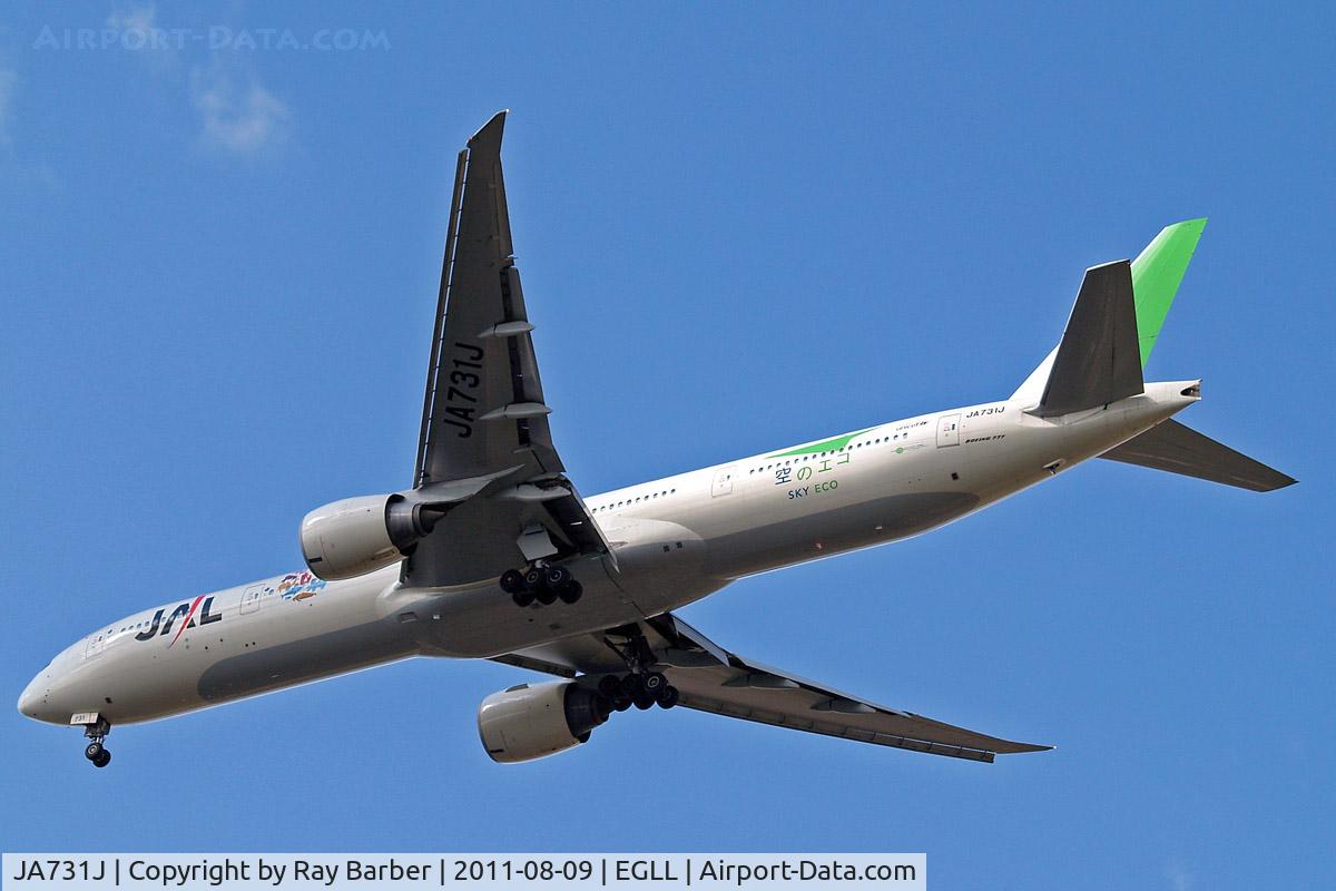 JA731J, 2003 Boeing 777-346/ER C/N 32431, Boeing 777-346ER [32431] (Japan Airlines) Heathrow~G 09/08/2011. On approach 27R.