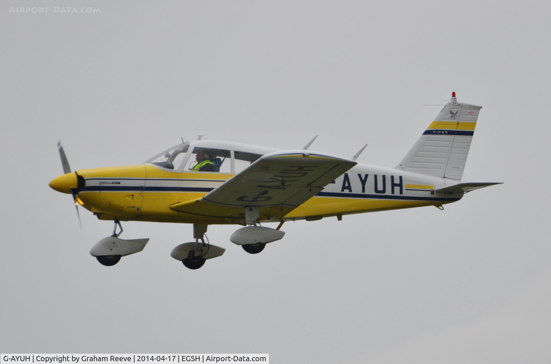 G-AYUH, 1970 Piper PA-28-180 Cherokee C/N 28-7105042, About to touch down at Norwich.