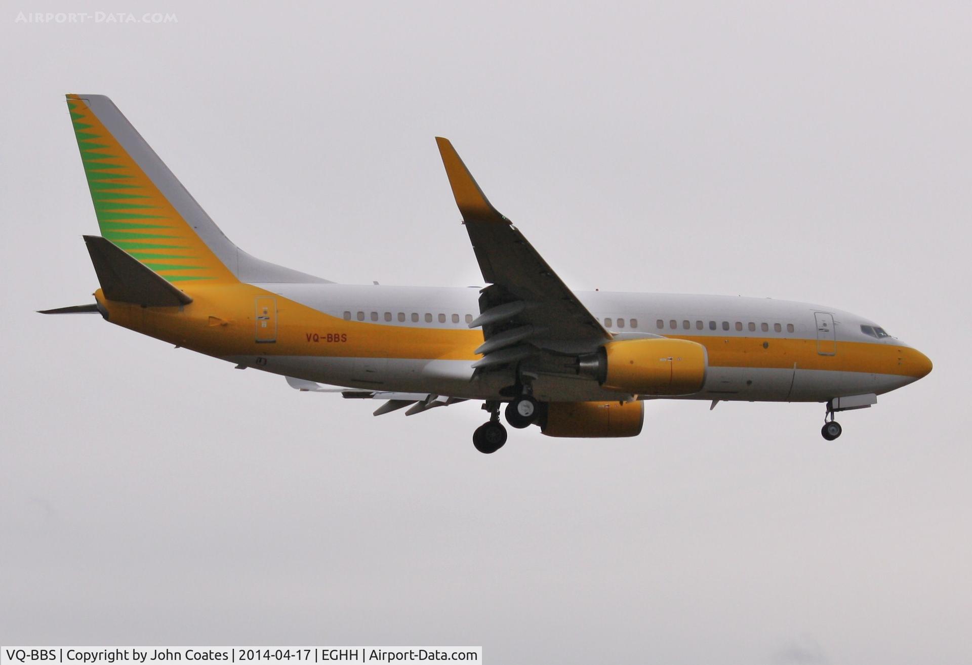 VQ-BBS, 2005 Boeing 737-7AK BBJ C/N 34303, ex HB-JJA arrives as the light fails