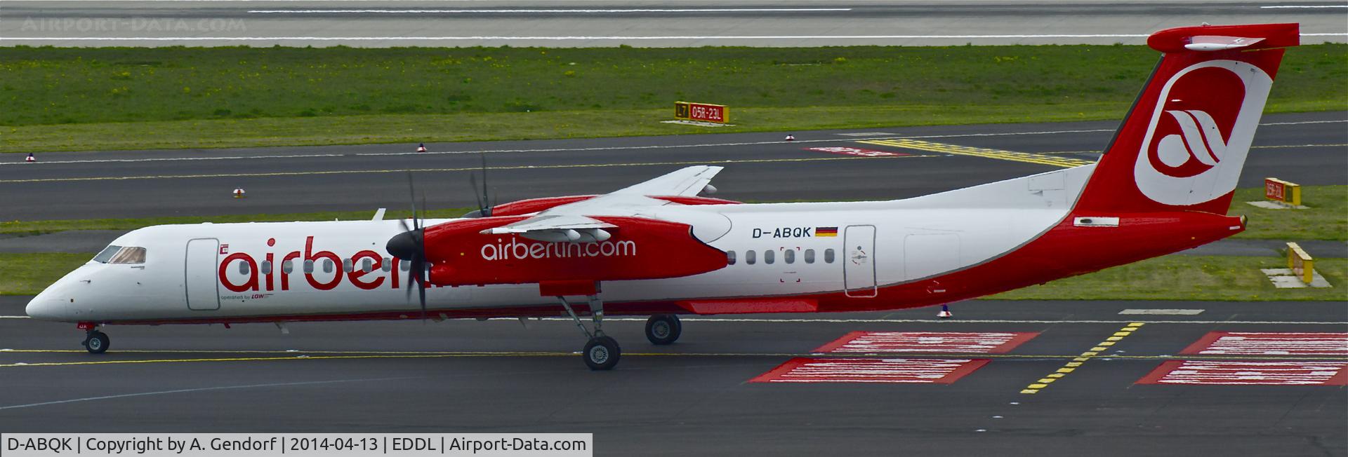 D-ABQK, 2009 De Havilland Canada DHC-8-402Q Dash 8 Dash 8 C/N 4265, Luftfahrtgesellschaft Walter (Air Berlin cs.), seen here at Düsseldorf Int'l(EDDL), shortly after landing