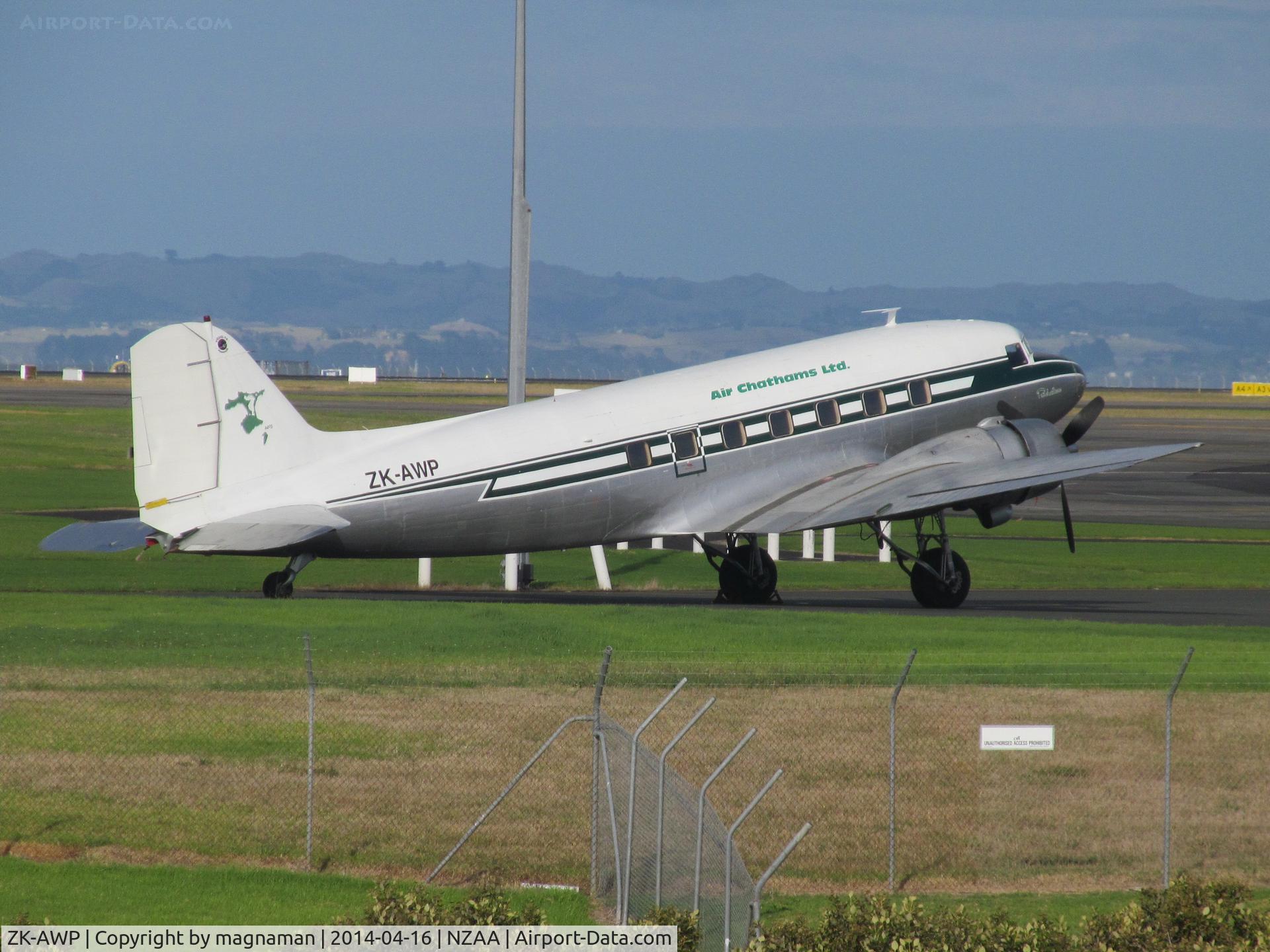 ZK-AWP, 1945 Douglas DC-3 (C-47B-30-DK) C/N 33135, Taken from footbridge over river as you enter airport from Manukau. Today their was this DC3 plus a CV580 and two CV440 - fantastic for old prop lovers. Others ZK-CIE/CIF/KFS and for good measure metroliners CIC/NSS/LFT all on same ramp.