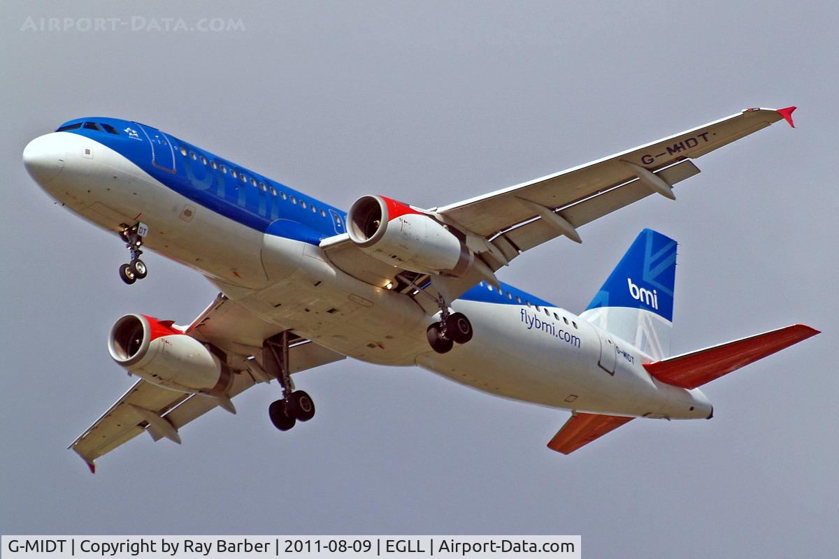 G-MIDT, 2001 Airbus A320-232 C/N 1418, G-MIDT   Airbus A320-232 [1418] (flybmi.com) Home~G 09/08/2011. On approach 27R wearing the above titles on the rear fuselage.