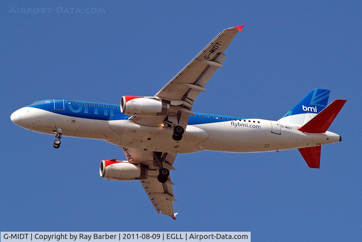 G-MIDT, 2001 Airbus A320-232 C/N 1418, G-MIDT   Airbus A320-232 [1418] (flybmi.com) Home~G 09/08/2011. On approach 27R wearing the above titles on the rear fuselage.