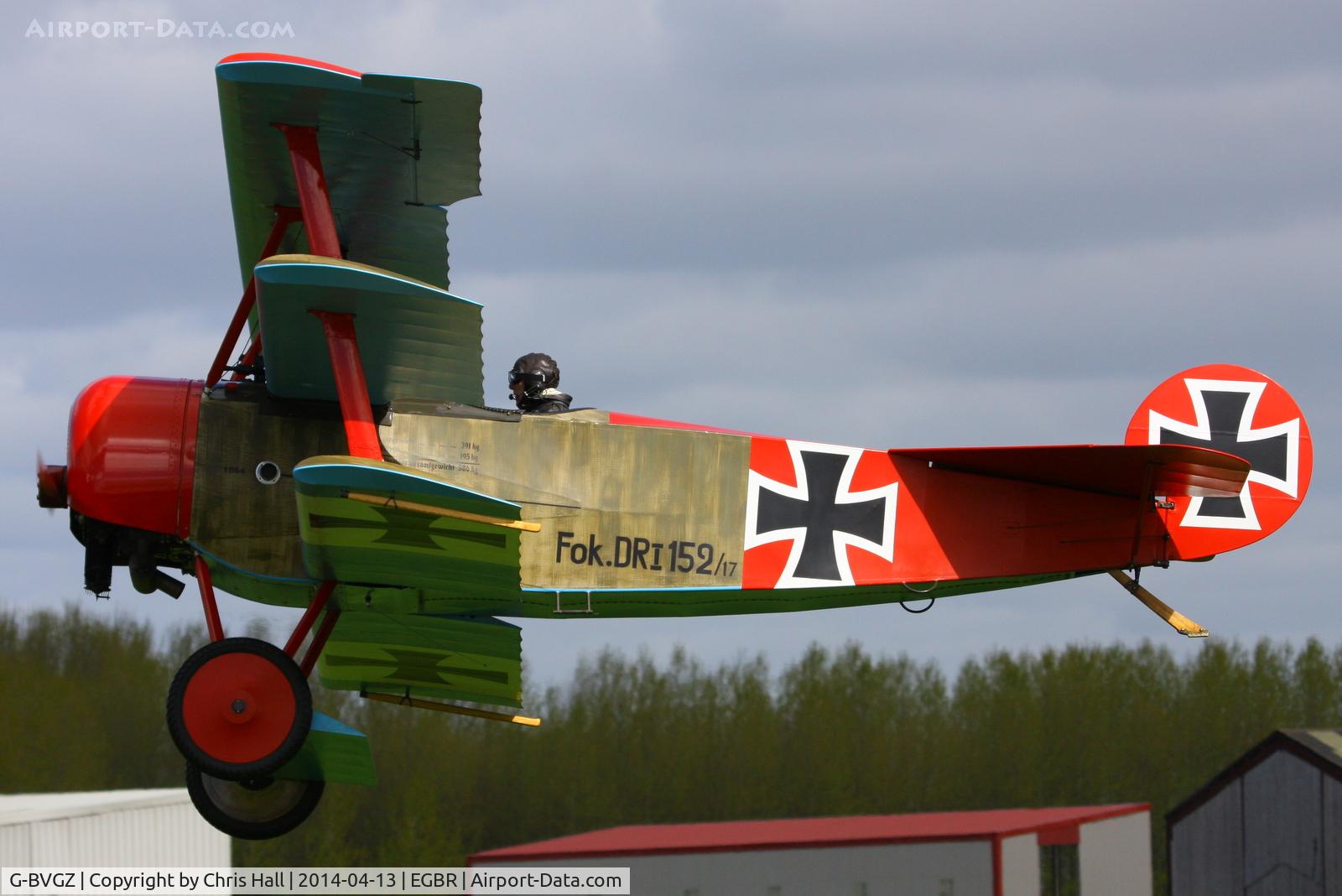G-BVGZ, 1994 Fokker Dr.1 Triplane Replica C/N PFA 238-12654, at Breighton's 'Early Bird' Fly-in 13/04/14
