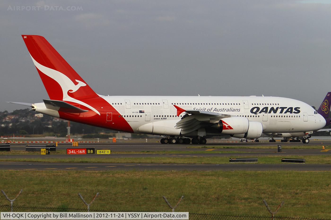VH-OQK, 2011 Airbus A380-842 C/N 063, arrived onto 34L