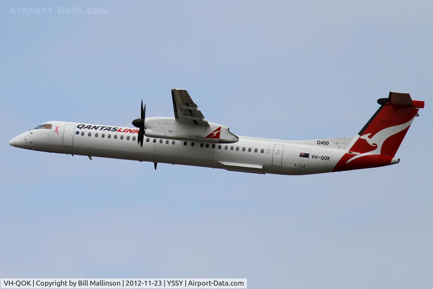 VH-QOK, 2008 Bombardier DHC-8-402 Dash 8 C/N 4215, away from 34L