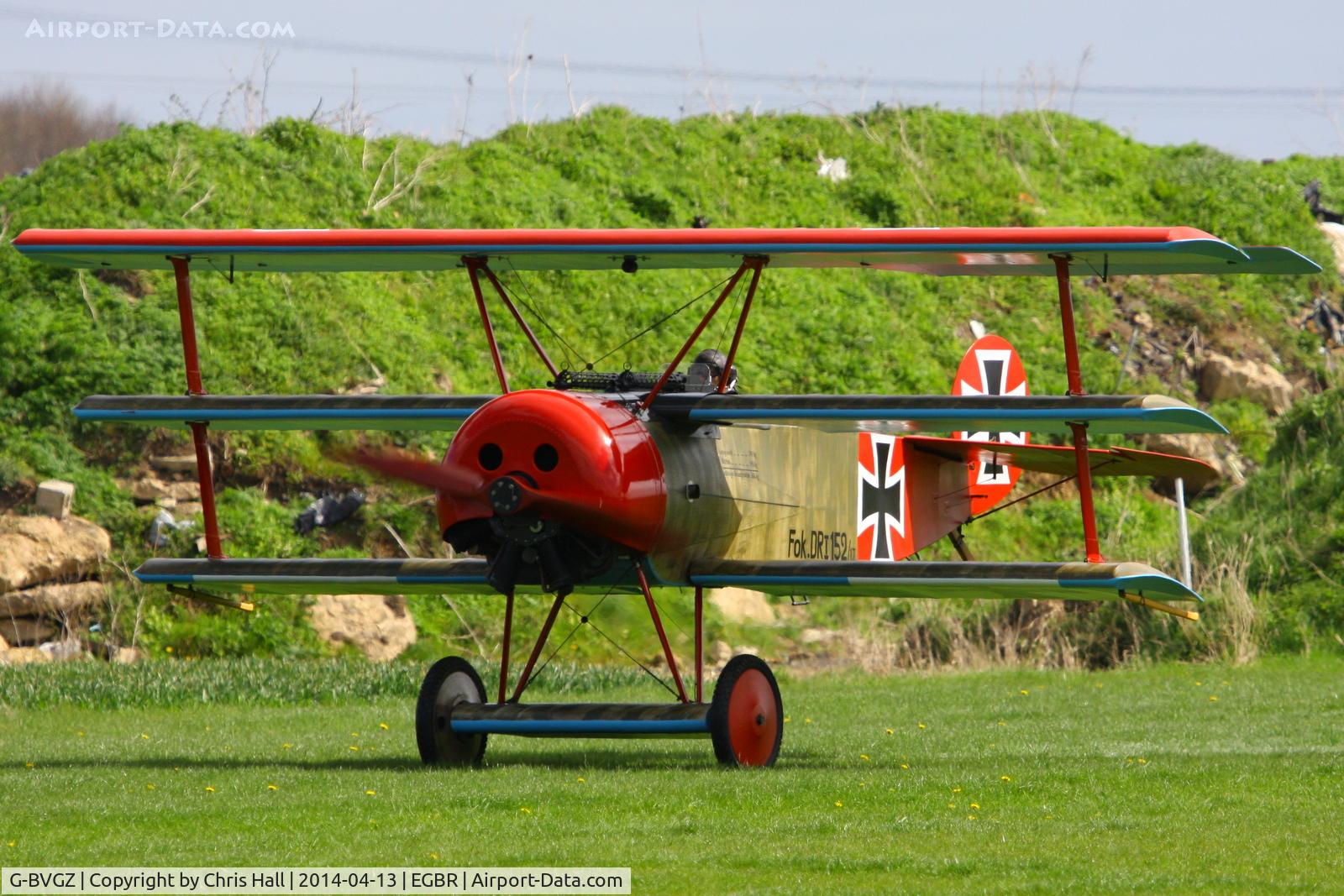G-BVGZ, 1994 Fokker Dr.1 Triplane Replica C/N PFA 238-12654, at Breighton's 'Early Bird' Fly-in 13/04/14