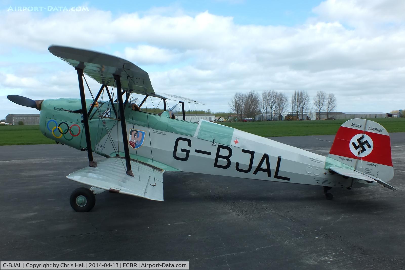 G-BJAL, 1957 Bucker 1-131E Jungmann C/N 1028, at Breighton's 'Early Bird' Fly-in 13/04/14