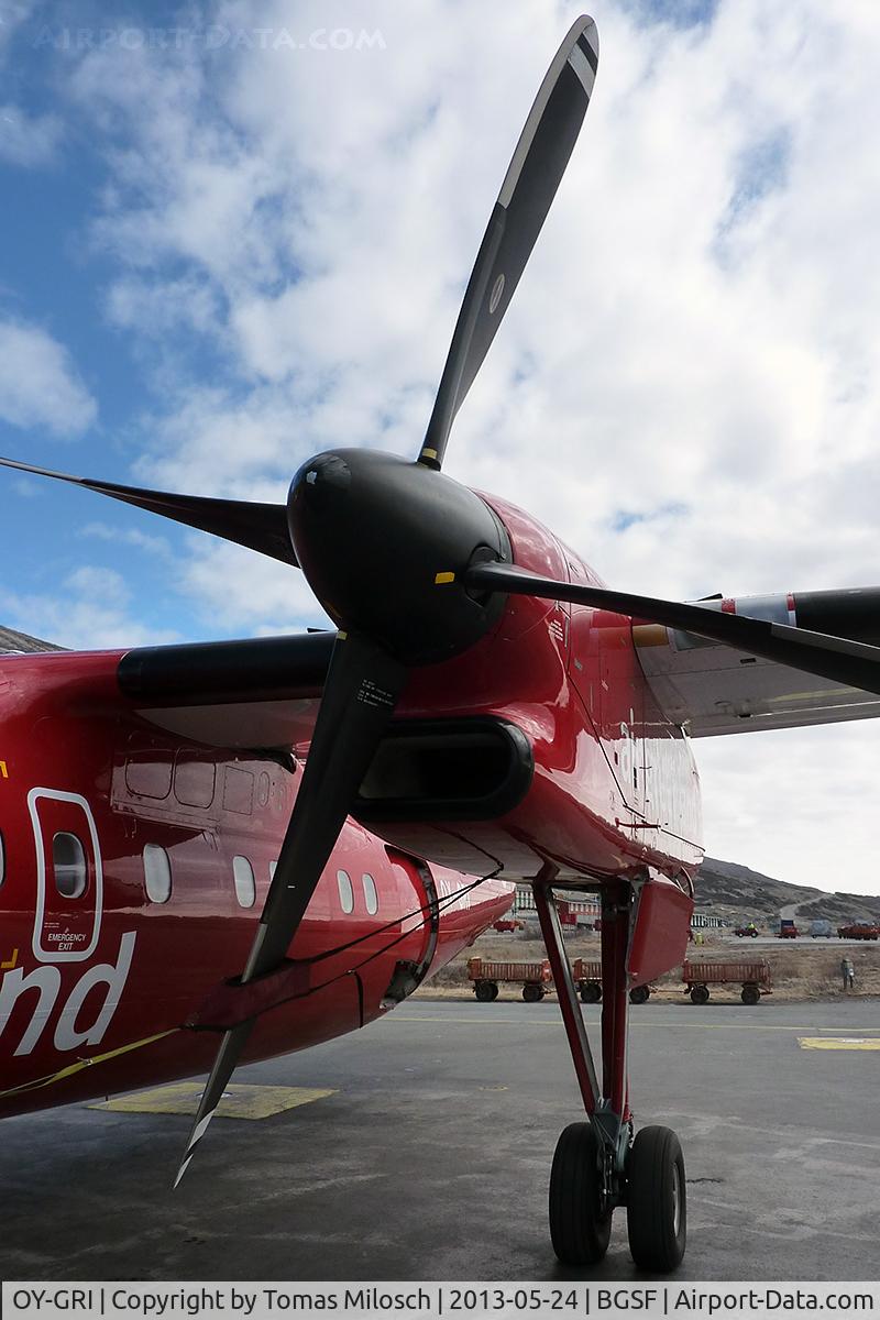 OY-GRI, 1997 De Havilland Canada DHC-8-202 Dash 8 C/N 477, After an accident during landing in Ilulissat (JAV) in January 2014 this Dash 8 is written off now. Photo taken some months before while boarding for a flight to Nuuk (GOH).