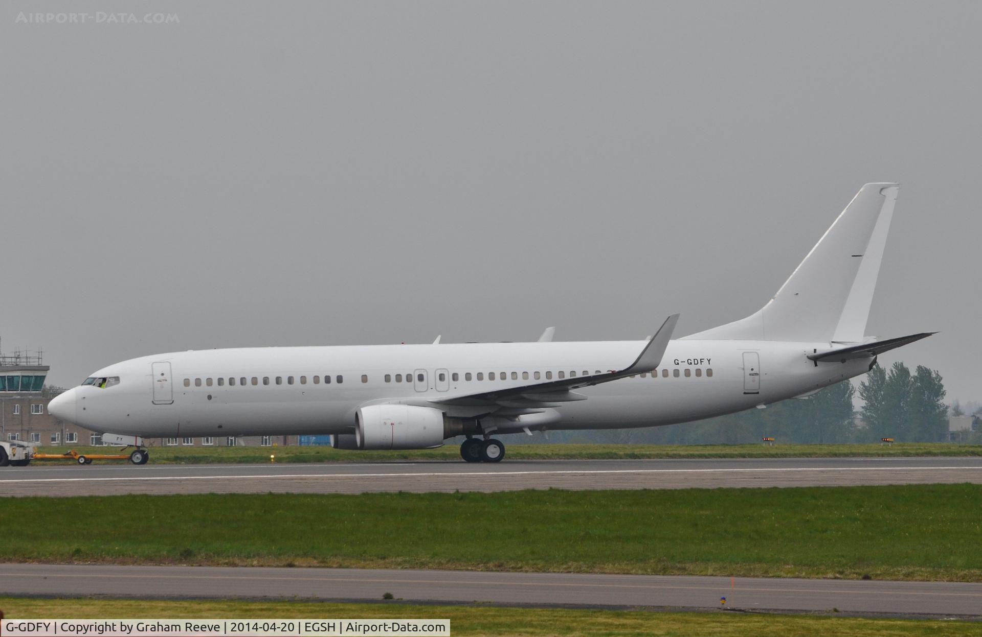 G-GDFY, 2001 Boeing 737-86Q C/N 30278, Under tow at Norwich, three days after being registered as G-GDFY.