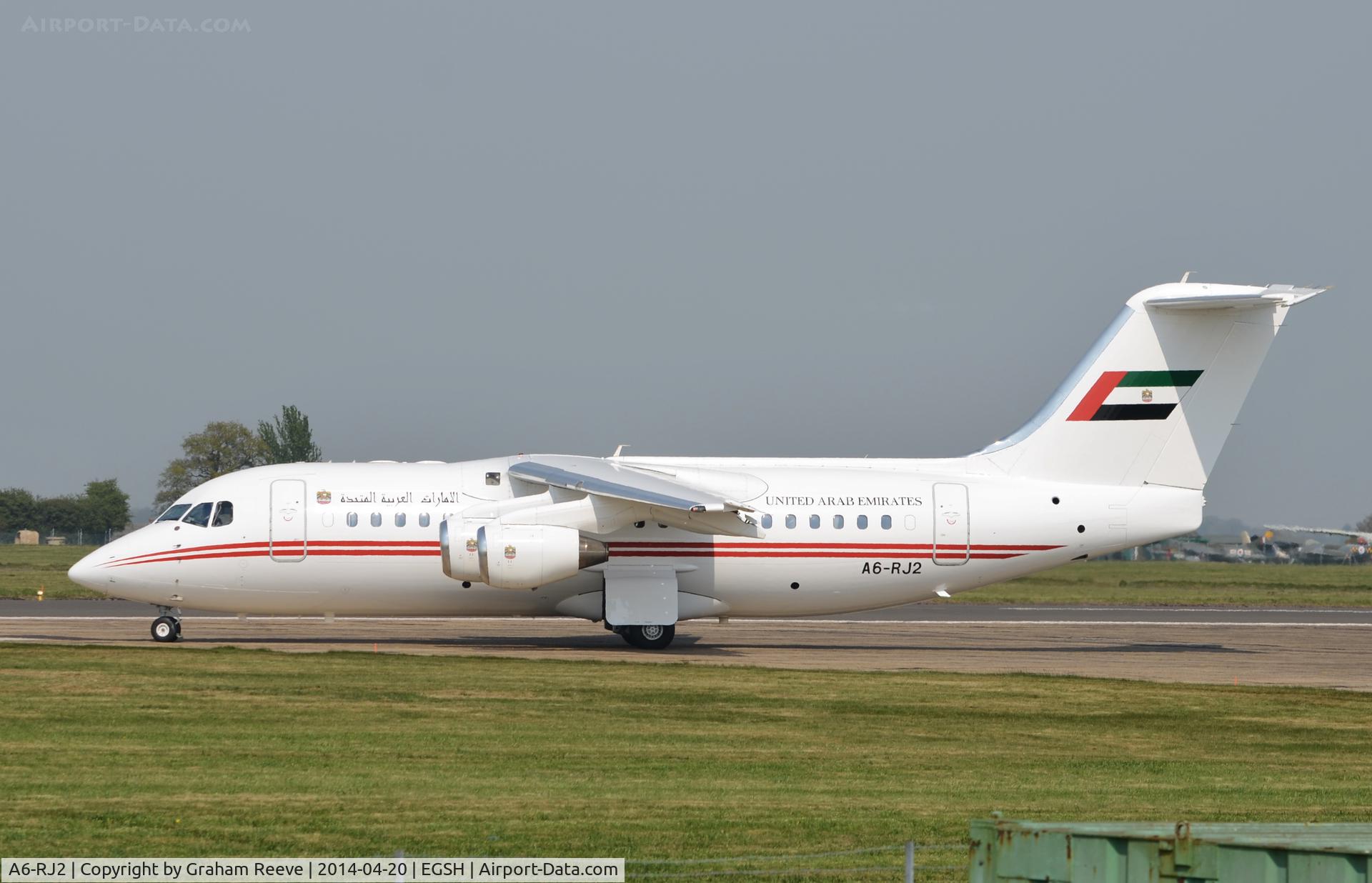 A6-RJ2, 1998 British Aerospace Avro 146-RJ85A C/N E2325, About to depart on an air test.