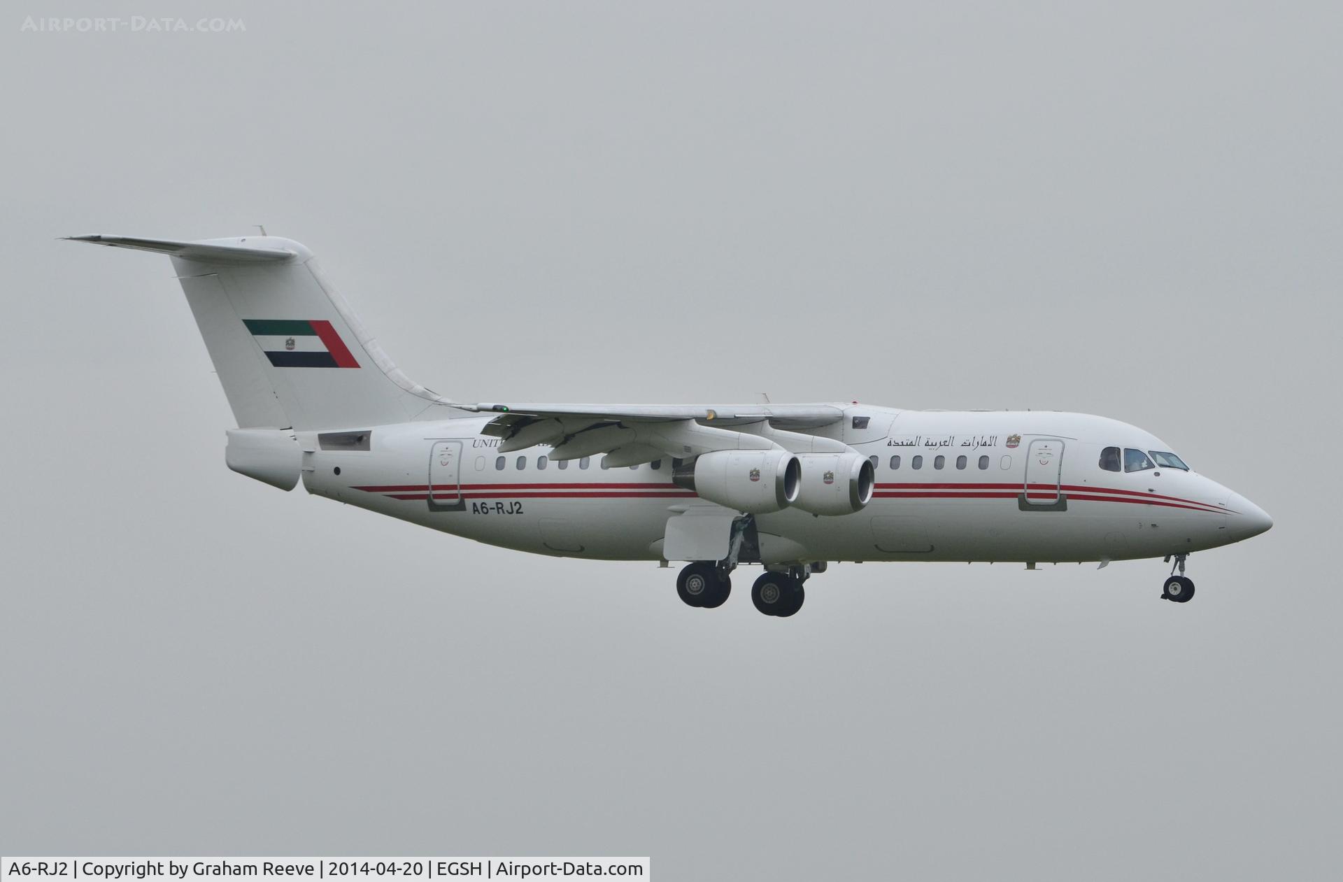 A6-RJ2, 1998 British Aerospace Avro 146-RJ85A C/N E2325, About to land on runway 09 following an air test.