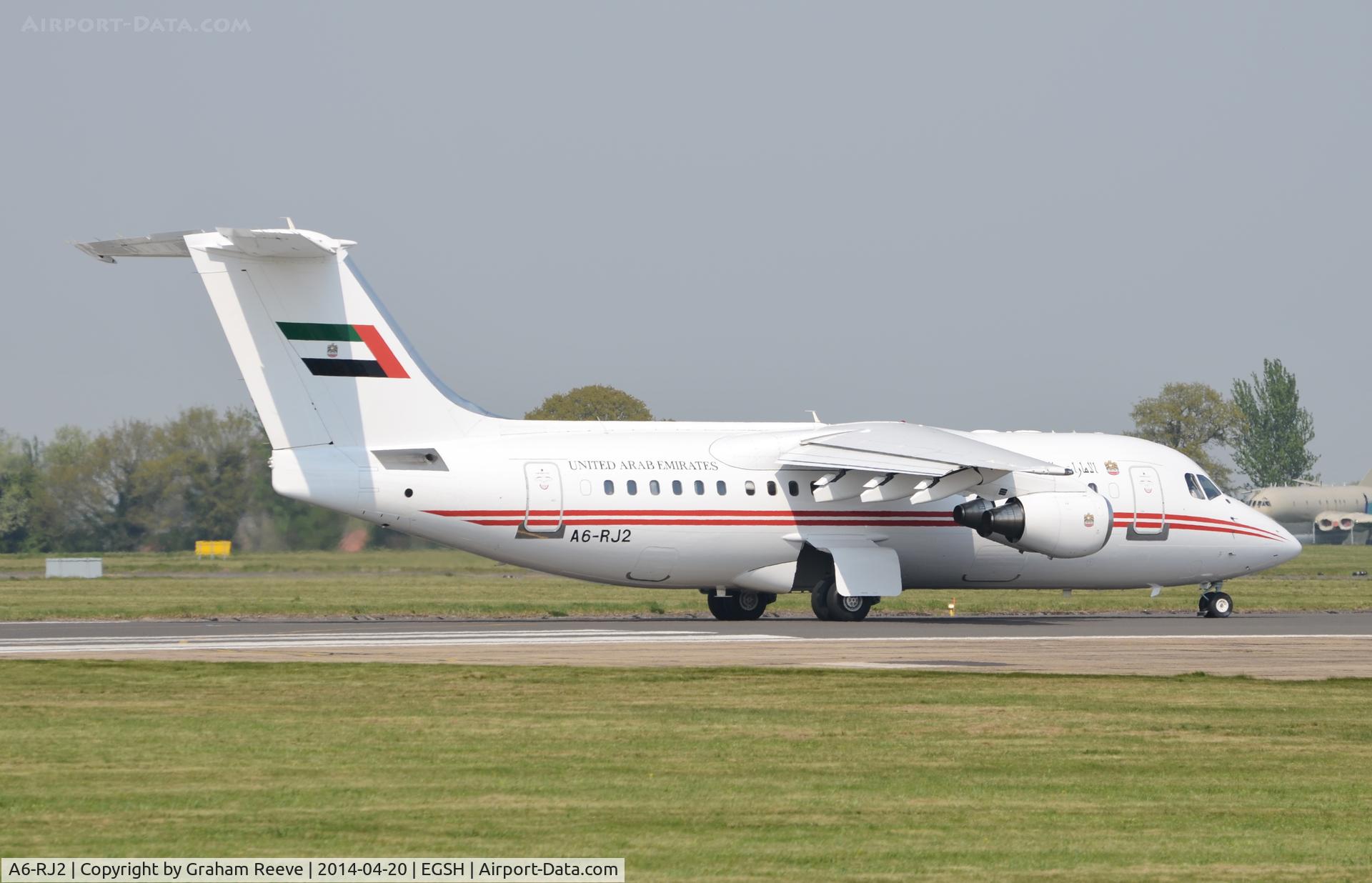 A6-RJ2, 1998 British Aerospace Avro 146-RJ85A C/N E2325, About to depart.