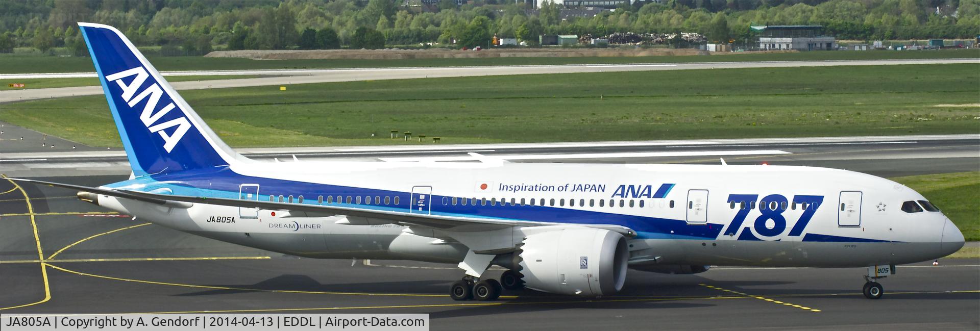 JA805A, 2010 Boeing 787-8 Dreamliner C/N 34514, ANA (Inspiration Of Japan ttl.), is here taxiing to the gate at Düsseldorf Int'l(EDDL)