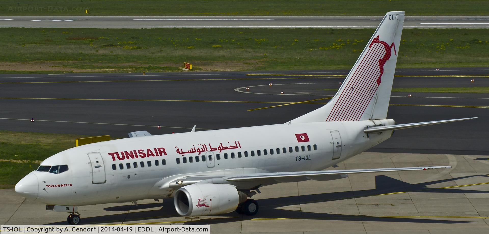 TS-IOL, 1999 Boeing 737-6H3 C/N 29497, Tunisair, has just arrived from Enfidha-Hammamet Int'l(DTNH) at Düsseldorf Int'l(EDDL)